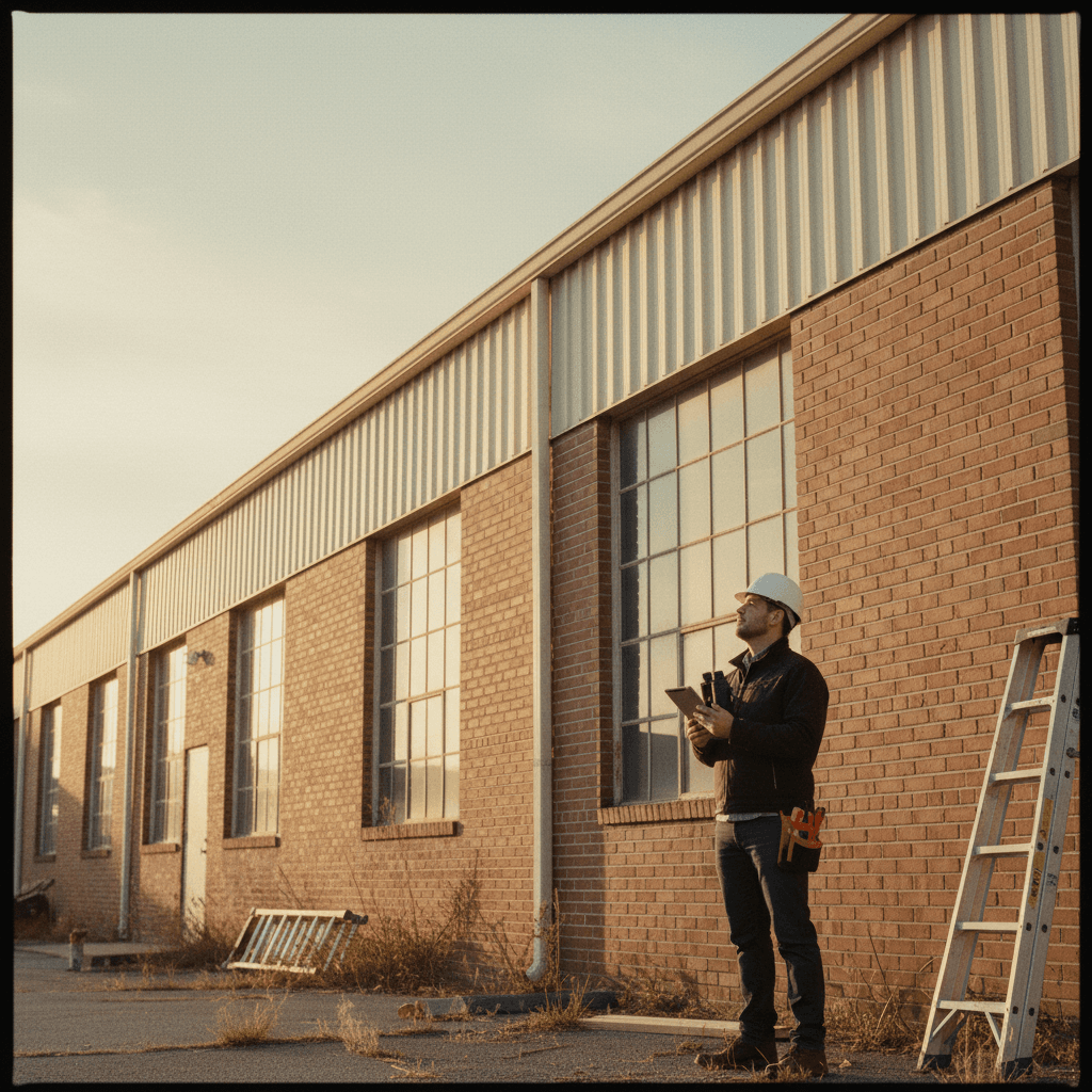 Inspector evaluating commercial property exterior