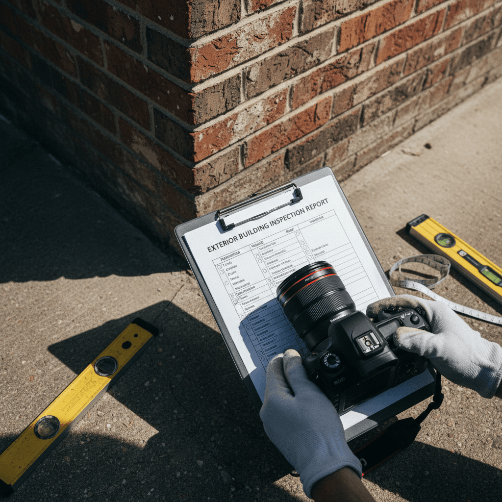 Property inspector documenting exterior building condition