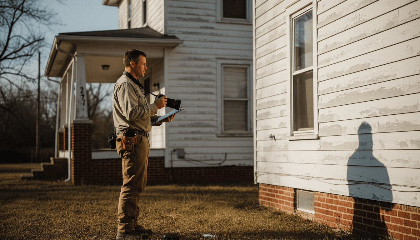 Property inspector documenting exterior condition during field inspection