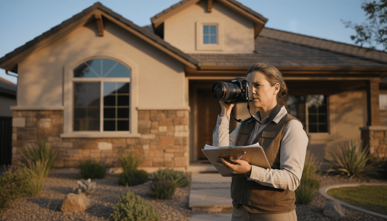 Property inspector documenting exterior condition with camera and clipboard
