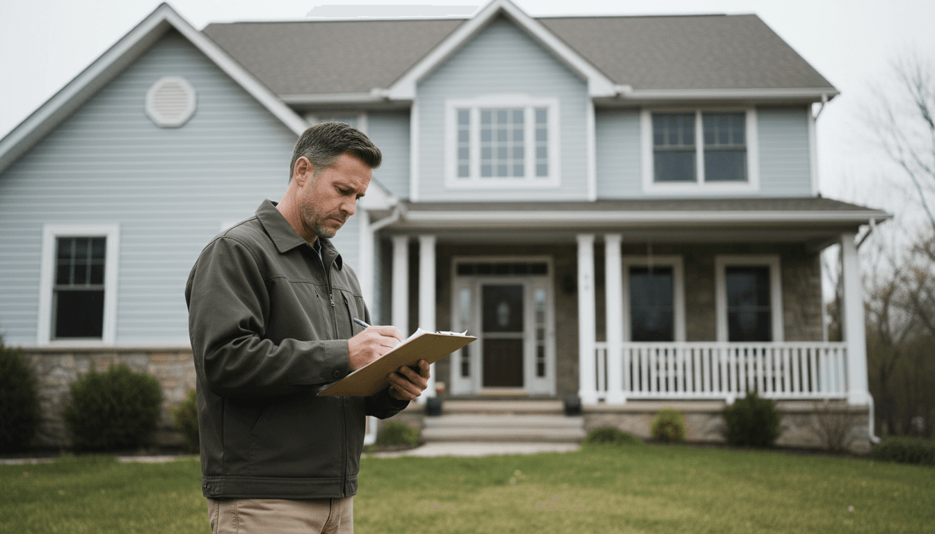 Property inspector reviewing documentation notes at residential exterior in Smithland, Kentucky
